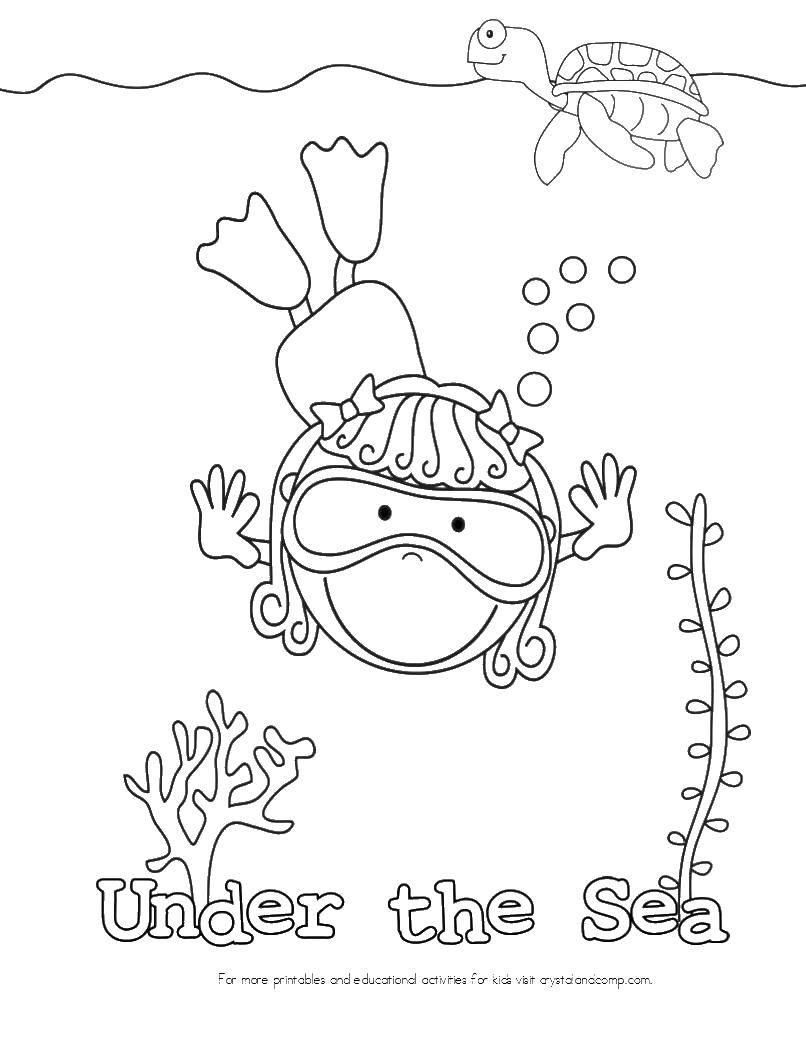 Название: Раскраска Девочка под водой. Категория: дети. Теги: девочка, маска, пузыри, черепаха.