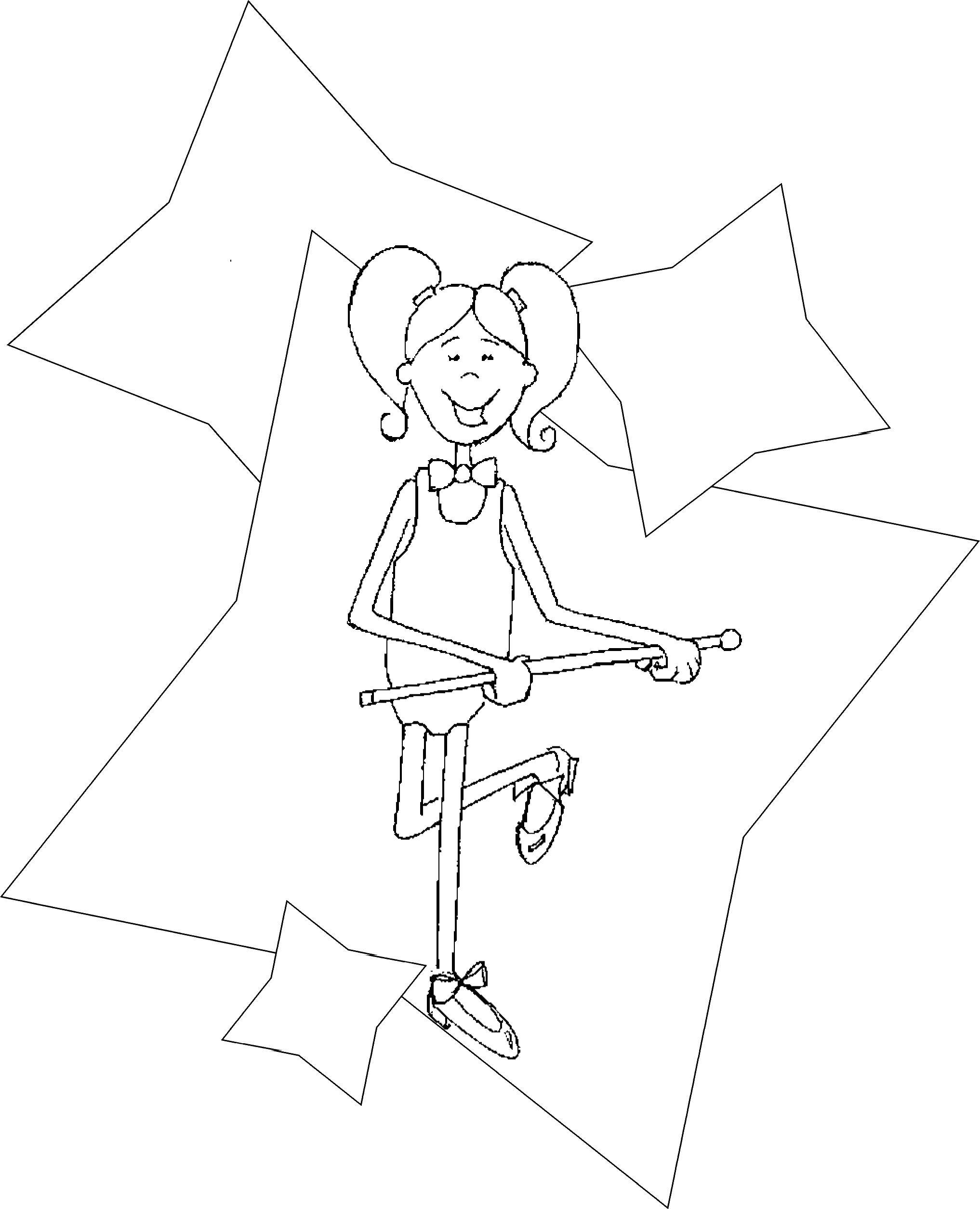 Название: Раскраска Девочка с хвостиками танцует. Категория: Танец. Теги: девочка, туфли, хвостики, трость.