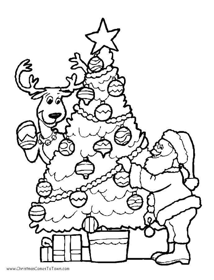 Название: Раскраска Елка и дед мороз с оленем. Категория: рождество. Теги: елка, дед мороз, олень, подарки.