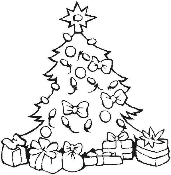 Название: Раскраска Елочка и подарки. Категория: рождество. Теги: елка, подарки, звезда.