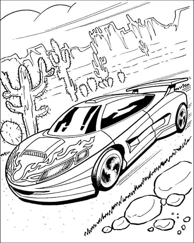 Coloring Hound machine in the desert. Category coloring. Tags:  car, racing, cactus, desert.