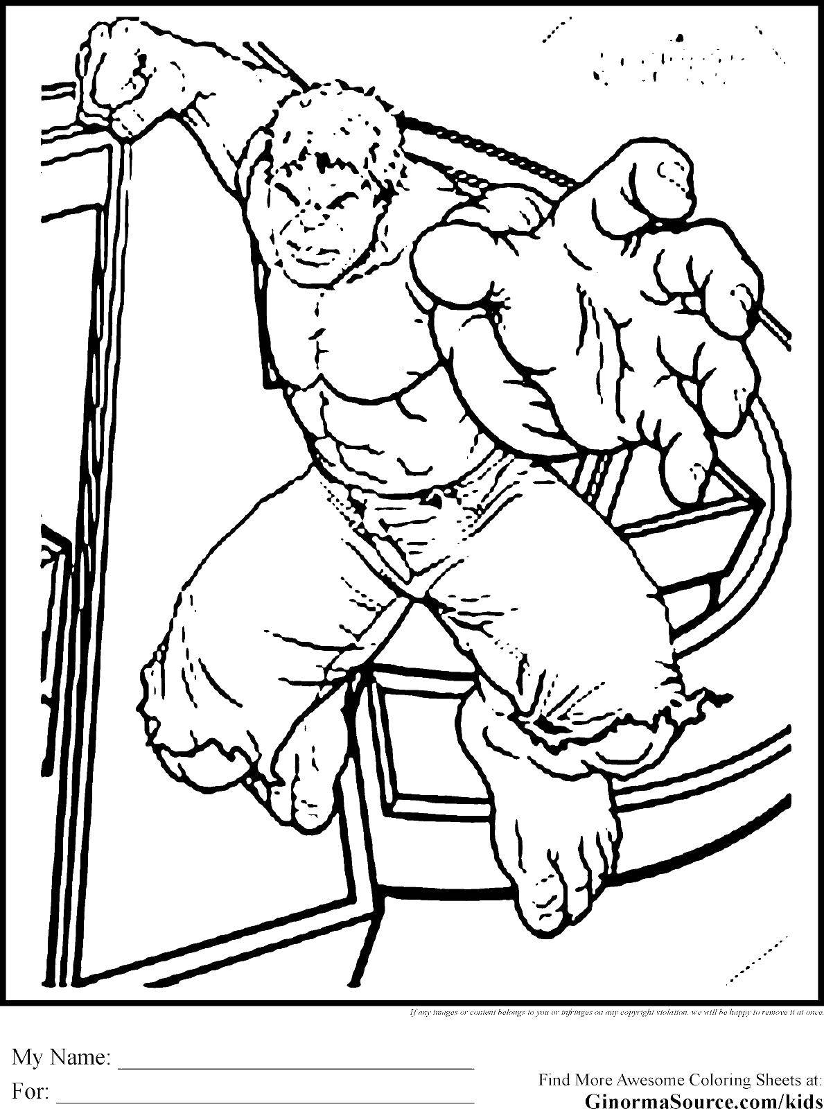Coloring Hulk and his hand. Category superheroes. Tags:  Hulk, muscles, shorts.