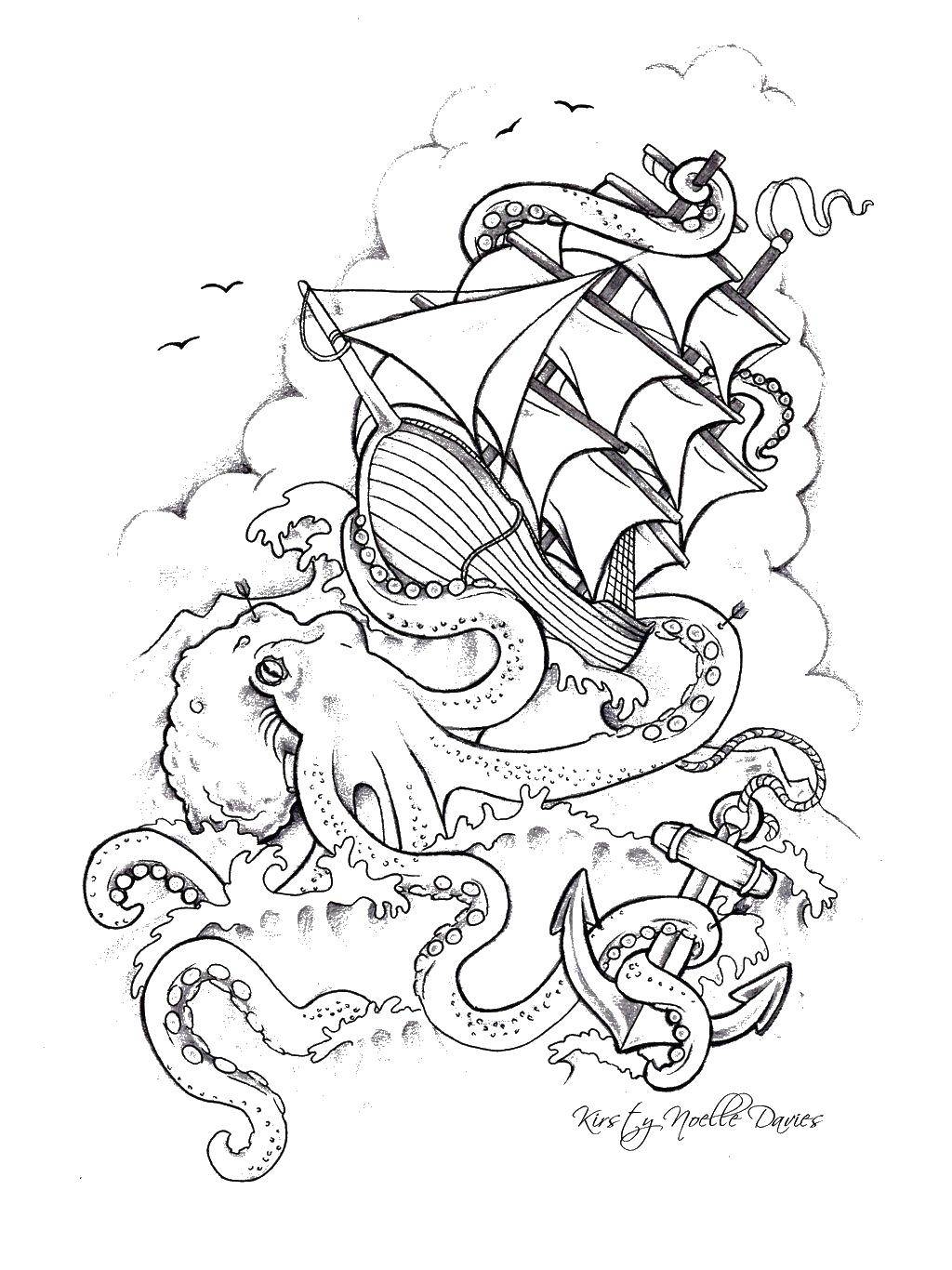 Название: Раскраска Корабль и осьминог. Категория: раскраски. Теги: корабль, осьминог, якорь.