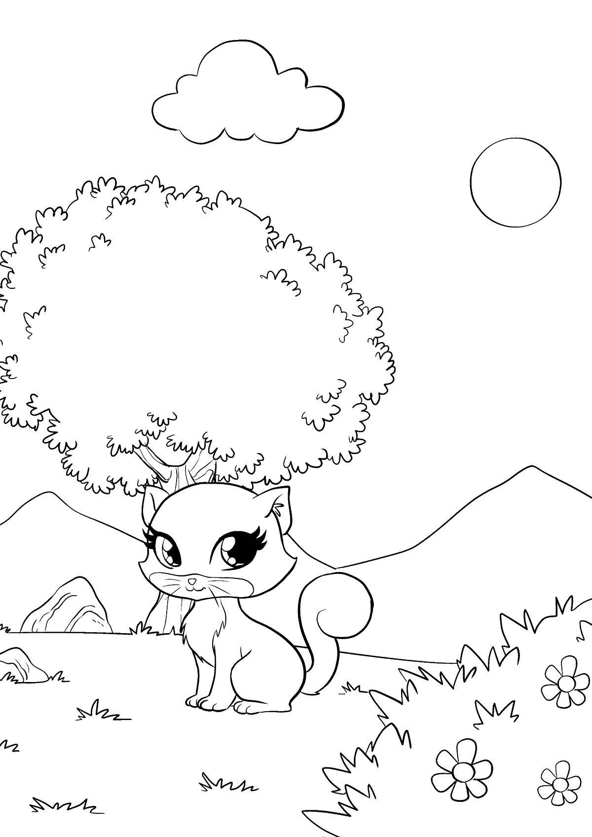Coloring Kitty and tree. Category kittens. Tags:  kitten, tree, flowers.