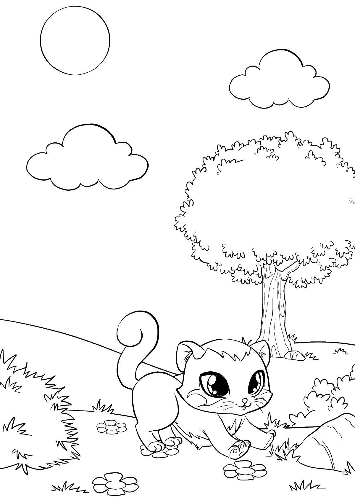 Название: Раскраска Котенок под деревом. Категория: котята. Теги: котенок, дерево, облака.