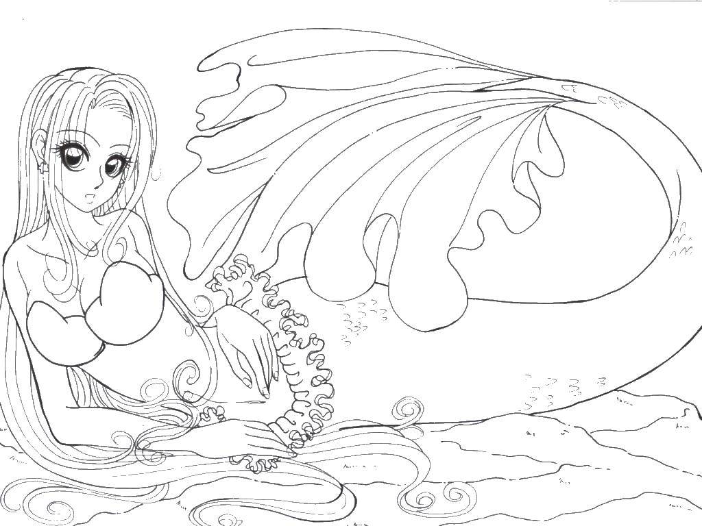 Coloring Beautiful mermaid with long hair. Category coloring. Tags:  mermaid, long hair, beautiful.