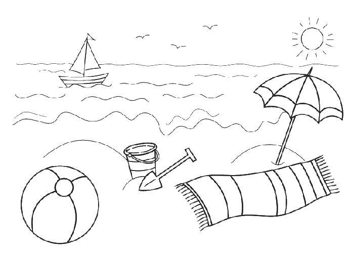 Название: Раскраска Лодка и пляж. Категория: Пляж. Теги: пляж, песок, мяч, лодка.