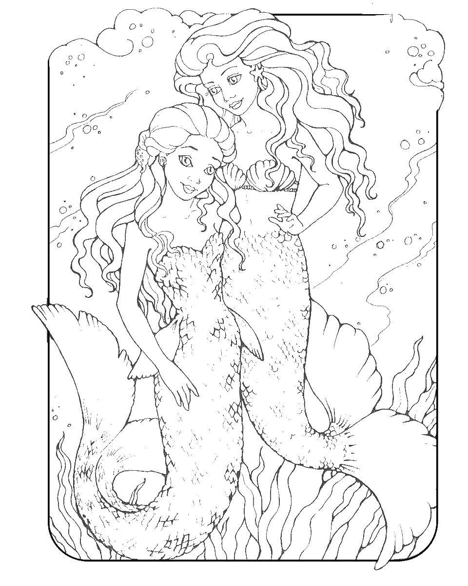 Coloring Mother and daughter mermaids. Category coloring. Tags:  mermaids, family.