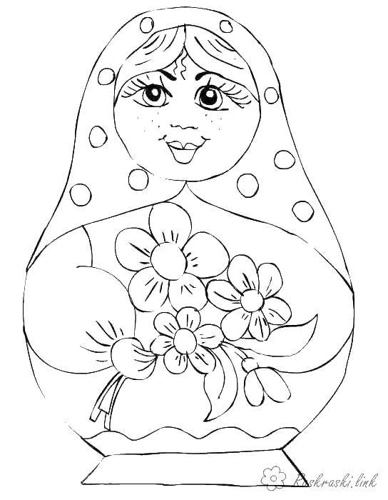 Coloring Matryoshka doll and flowers. Category coloring. Tags:  matryoshka, flowers, handkerchief.