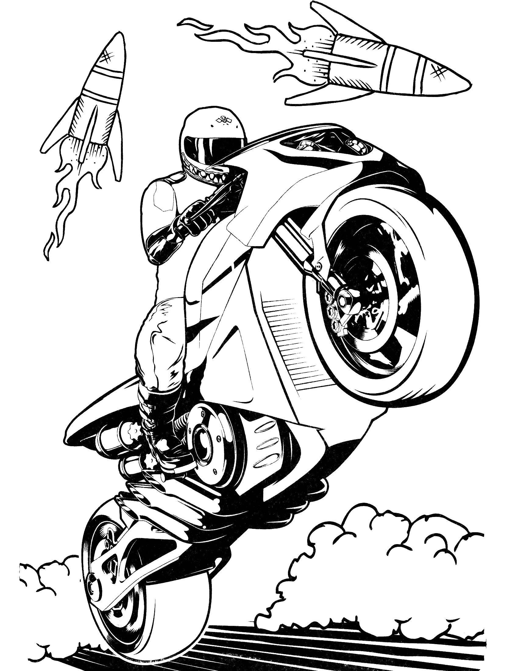 Название: Раскраска Мотоцикл и ракеты. Категория: раскраски. Теги: мотоцикл, человек, шлем, ракеты.