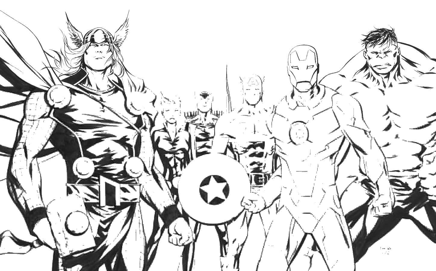 Название: Раскраска Мстители с капитаном америка. Категория: супергерои. Теги: капитан, Америка, халк, Тор.