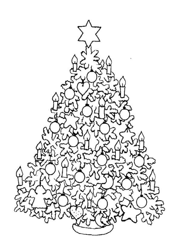 Название: Раскраска Новогодняя наряженная елка. Категория: рождество. Теги: елка, свечи, игрушки, звезда.