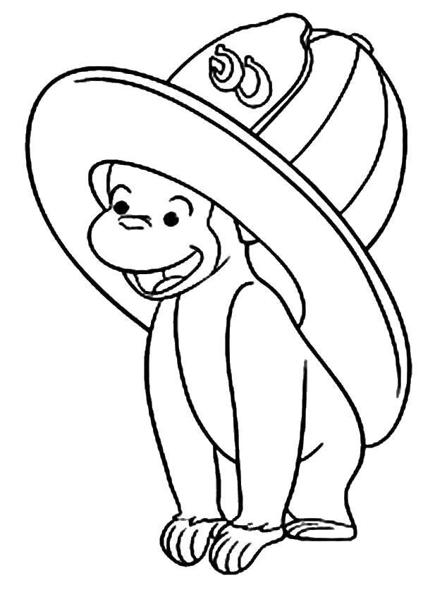 Название: Раскраска Обезьянка в пожарной каске. Категория: раскраски. Теги: обезьянка, каска.