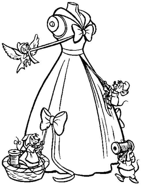 Название: Раскраска Платье принцессы и мышата с птичками. Категория: Принцесса. Теги: платье, мышки, нитки, птичка.