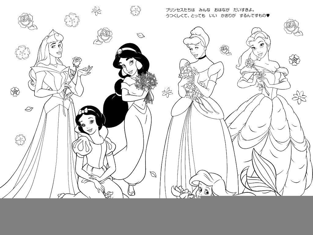 Coloring Disney Princess and flowers. Category coloring. Tags:  Snow White, Jasmine, Cinderella, Ariel.