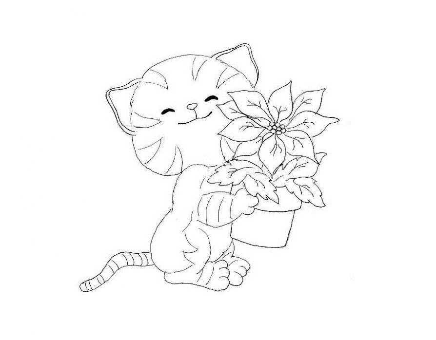Coloring Illustration of happy cat with flowers. Category Pets allowed. Tags:  cat, cat.