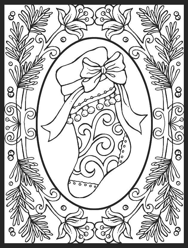 Название: Раскраска Рождественский носок. Категория: рождество. Теги: носок, елка, цветы.