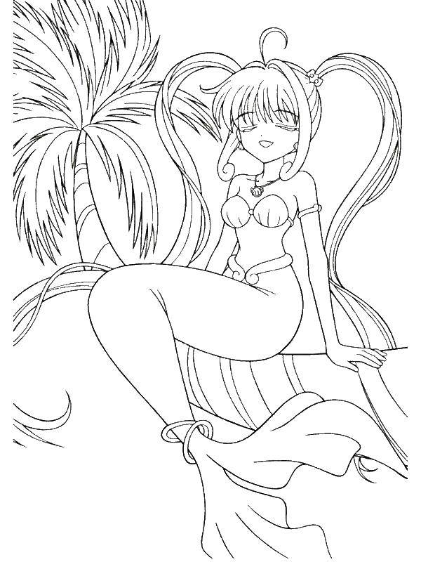 Название: Раскраска Русалка аниме рядом с пальмой. Категория: раскраски. Теги: русалка.