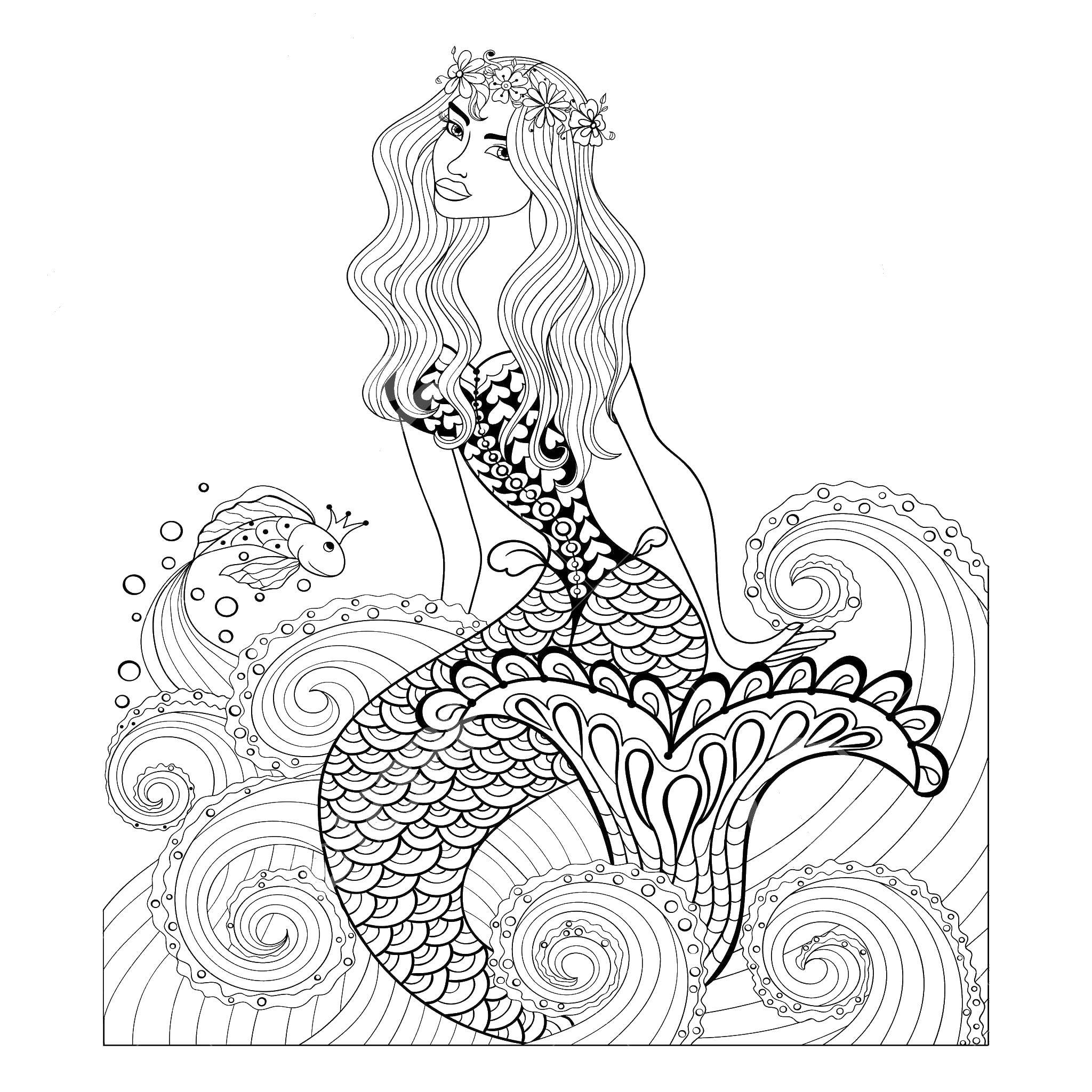 Coloring Mermaid and waves. Category coloring. Tags:  mermaid, waves, fish.