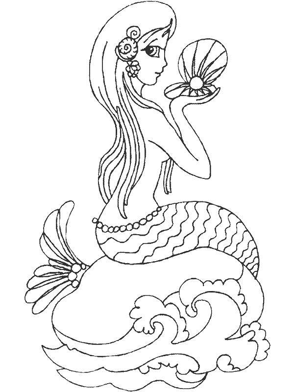 Coloring Mermaid with shell. Category coloring. Tags:  mermaid, waves, shell.
