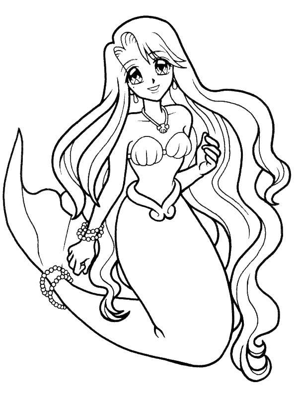 Coloring Mermaid with luxurious hair. Category coloring. Tags:  mermaid, necklace.