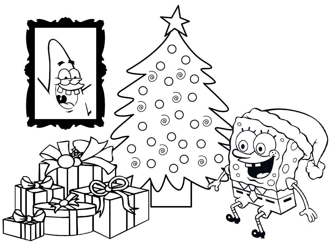 Название: Раскраска Спанч боб и елка. Категория: рождество. Теги: спанч боб, елка подарки.