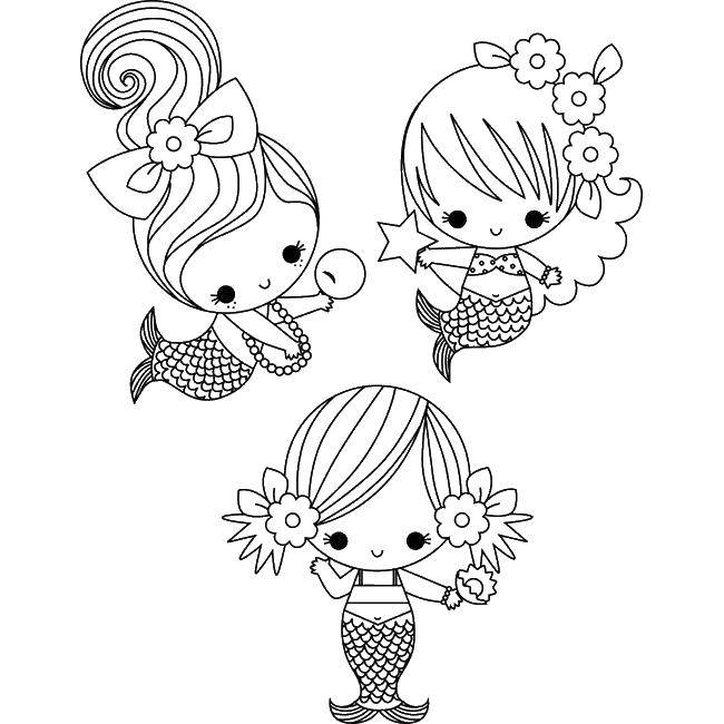 Coloring Three little mermaids. Category coloring. Tags:  mermaid, tail, flowers, beads.