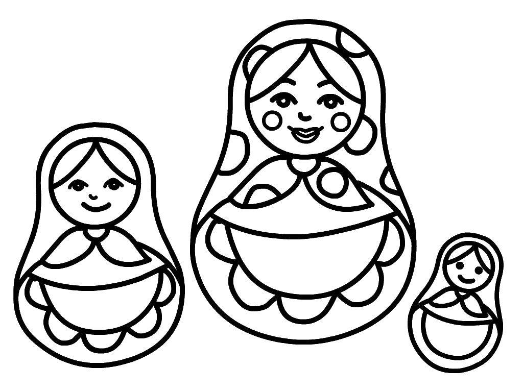 Coloring Three dolls with aprons. Category coloring. Tags:  matryoshka, a flower, a handkerchief.
