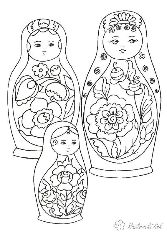 Coloring Three dolls. Category coloring. Tags:  matryoshka, a flower, a handkerchief.