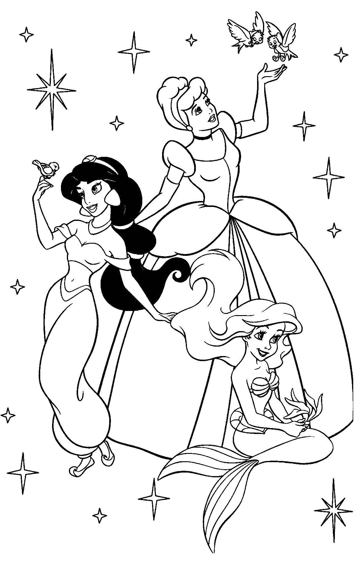 Coloring Three disney Princess. Category coloring. Tags:  Jasmine, Cinderella, Ariel.