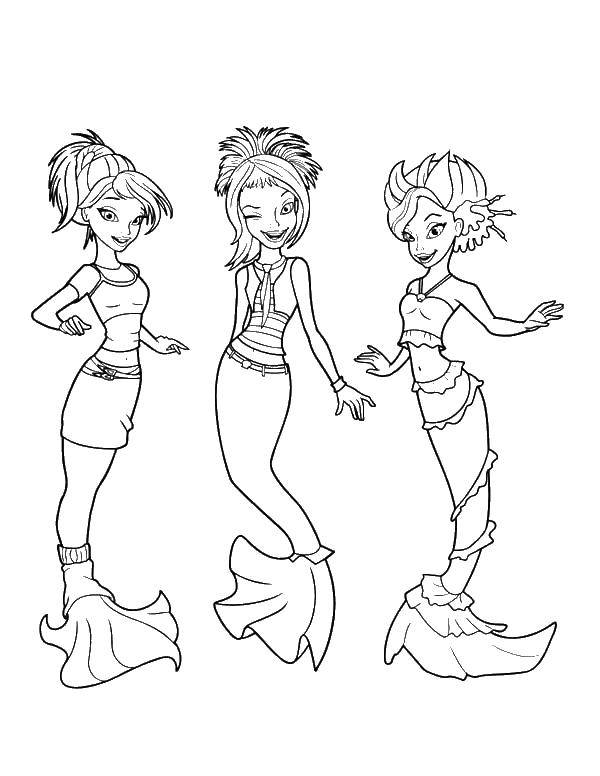 Coloring Three mermaids. Category coloring. Tags:  mermaid, tail, skirt.