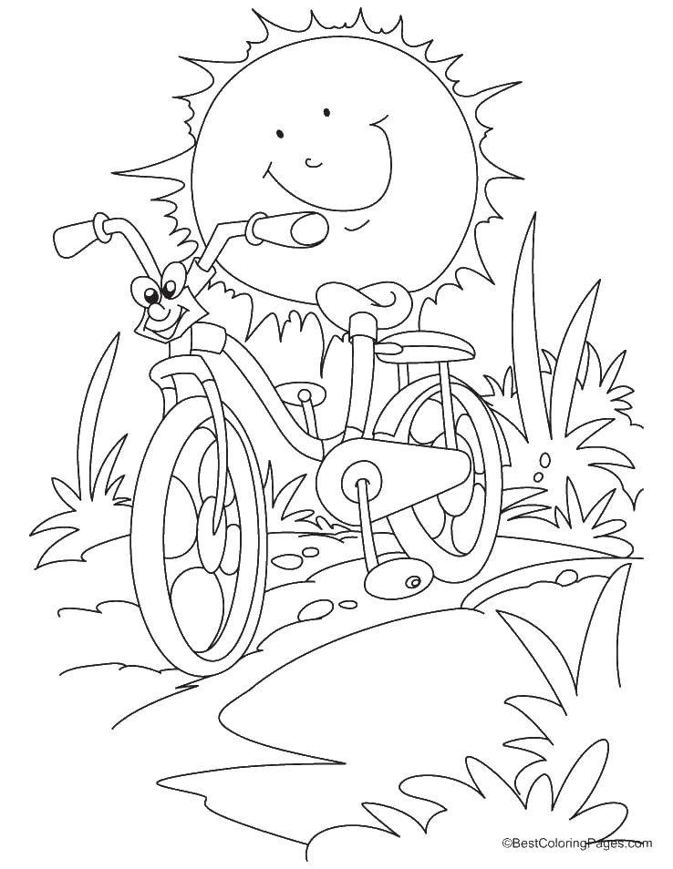 Название: Раскраска Велосипед и солнышко. Категория: раскраски. Теги: велосипед, солнце, колеса.