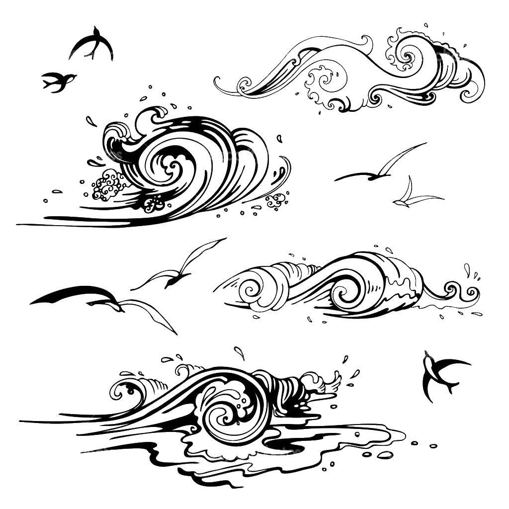 Название: Раскраска Волны и чайки. Категория: раскраски. Теги: волны, чайки, птицы.