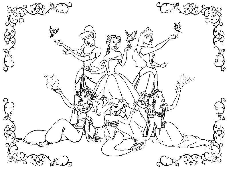 Coloring All of the heroines of disney. Category coloring. Tags:  Snow White, Jasmine, Cinderella, Ariel.