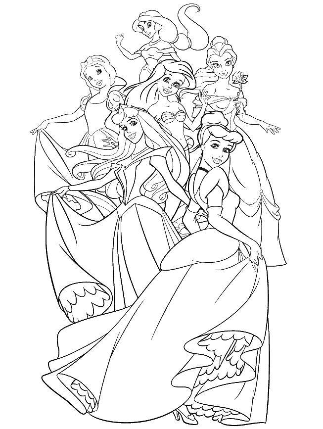 Coloring All disney Princess. Category coloring. Tags:  Snow White, Jasmine, Cinderella, Ariel.