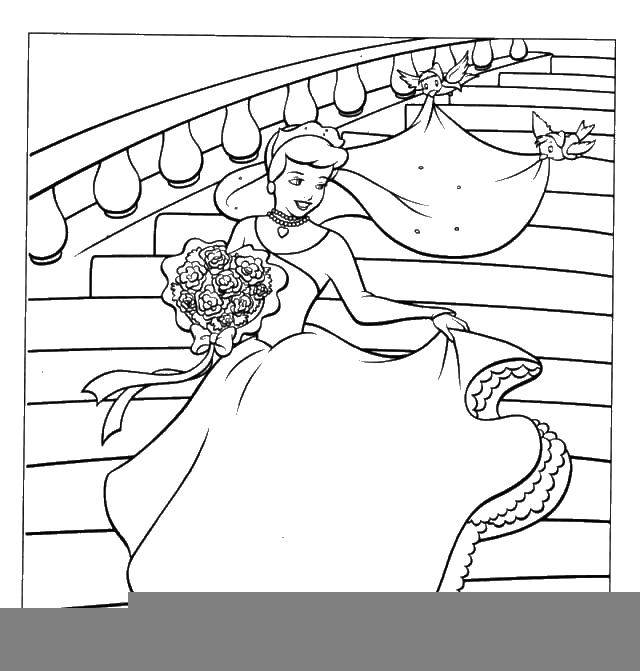 Coloring Cinderella with a bouquet. Category Princess. Tags:  Cinderella, bouquet, birdies.