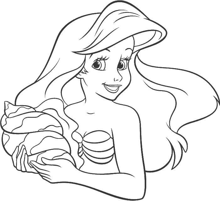 Название: Раскраска Ариэль с большой раковиной. Категория: русалочка ариэль. Теги: принцессы, дисней, ариэль.