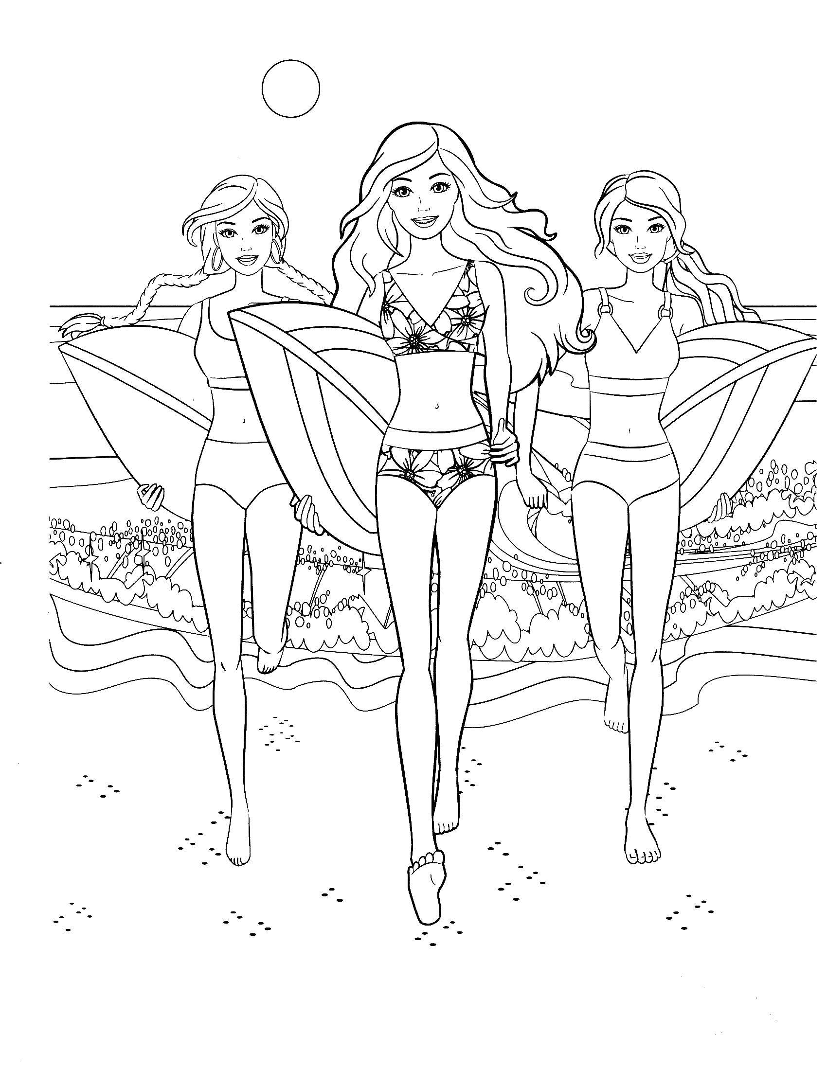 Coloring Barbie and her friends surfers. Category Barbie . Tags:  Barbie , beach.
