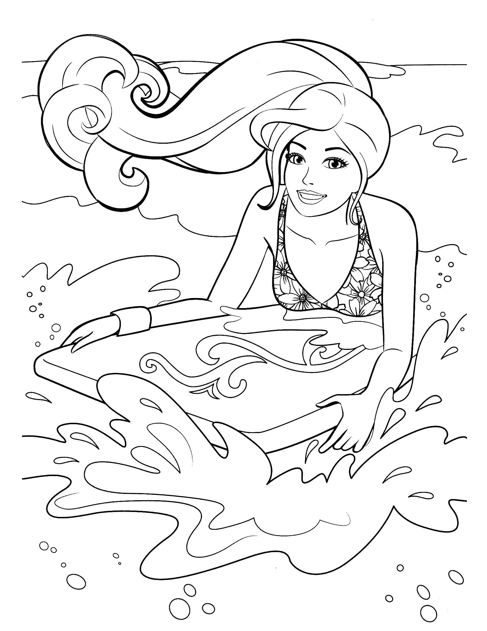 Название: Раскраска Барби на серфере в воде. Категория: Барби. Теги: барби, пляж.