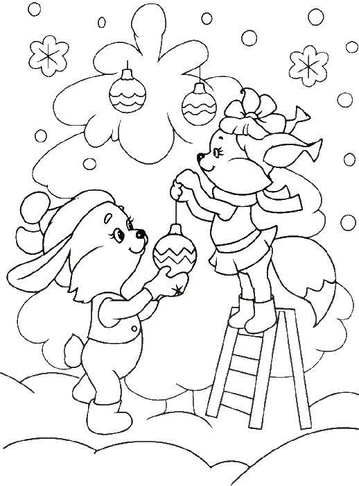 Название: Раскраска Белка и зайчик украшают елку. Категория: новый год. Теги: новый год, животные, елка.