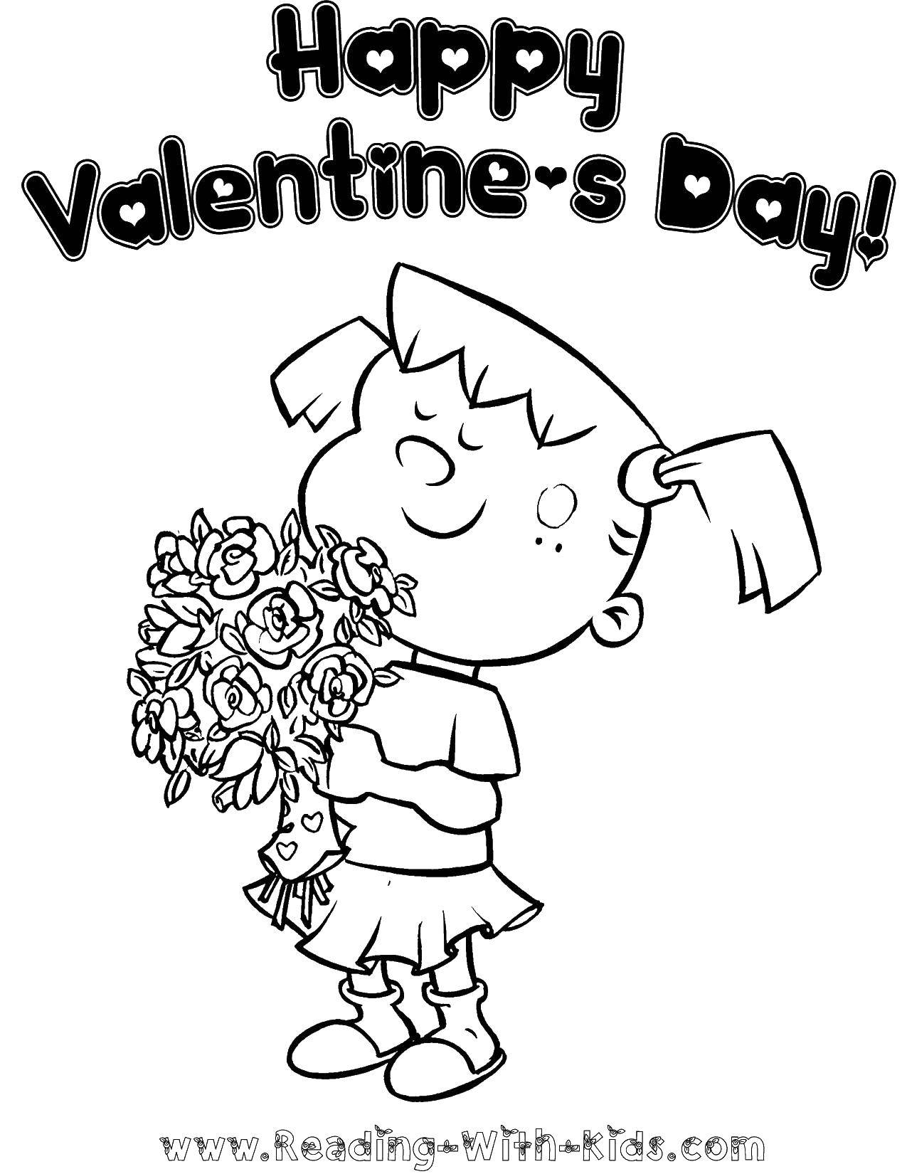 Название: Раскраска Девочка с букетом. Категория: День святого валентина. Теги: девочка, букет, цветы.