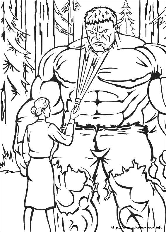 Coloring The girl and the Hulk. Category superheroes. Tags:  Hulk, girl, flashlight.
