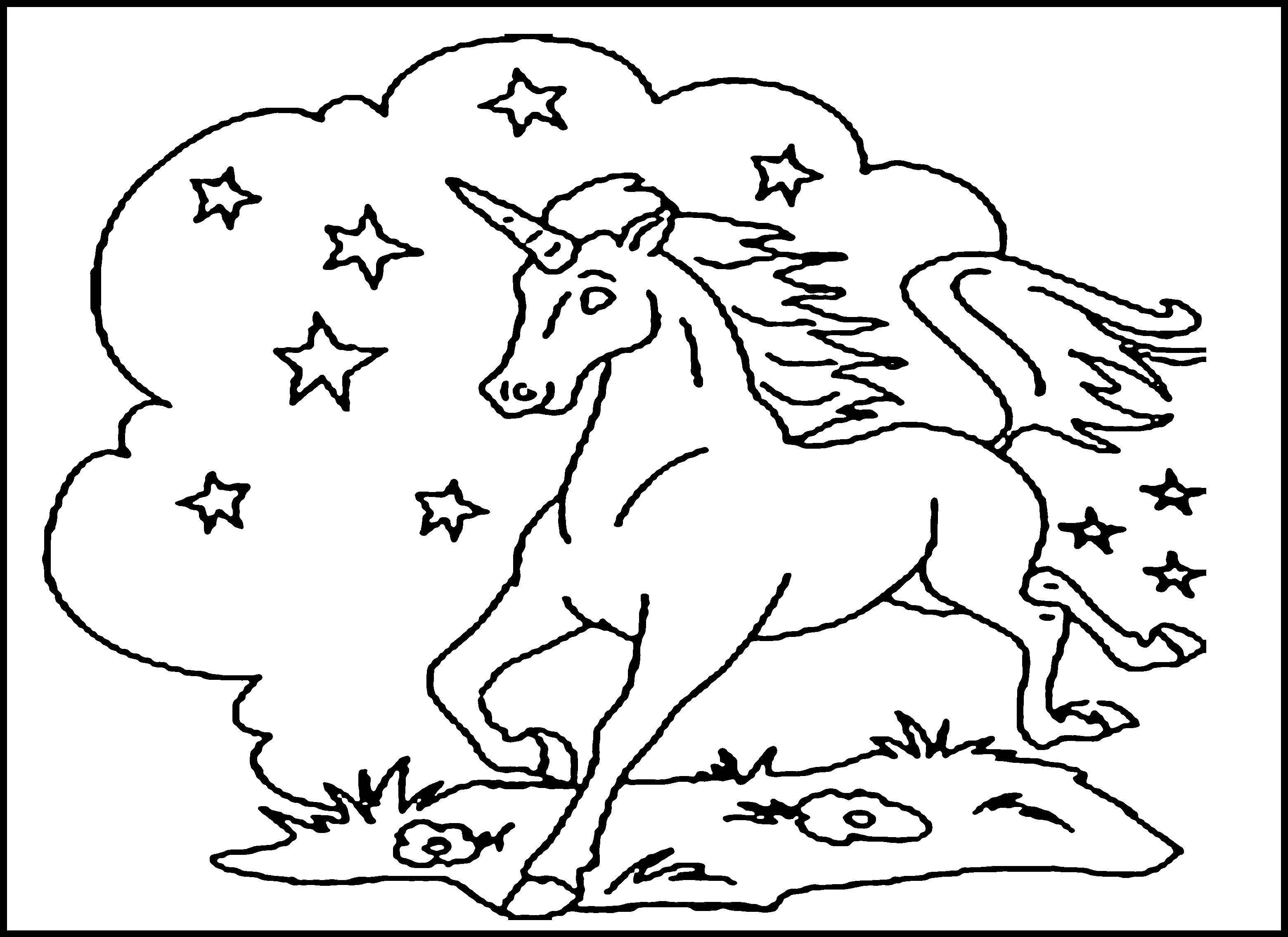 Название: Раскраска Единорог скачет ночью. Категория: Волшебные создания. Теги: единорог, конь.