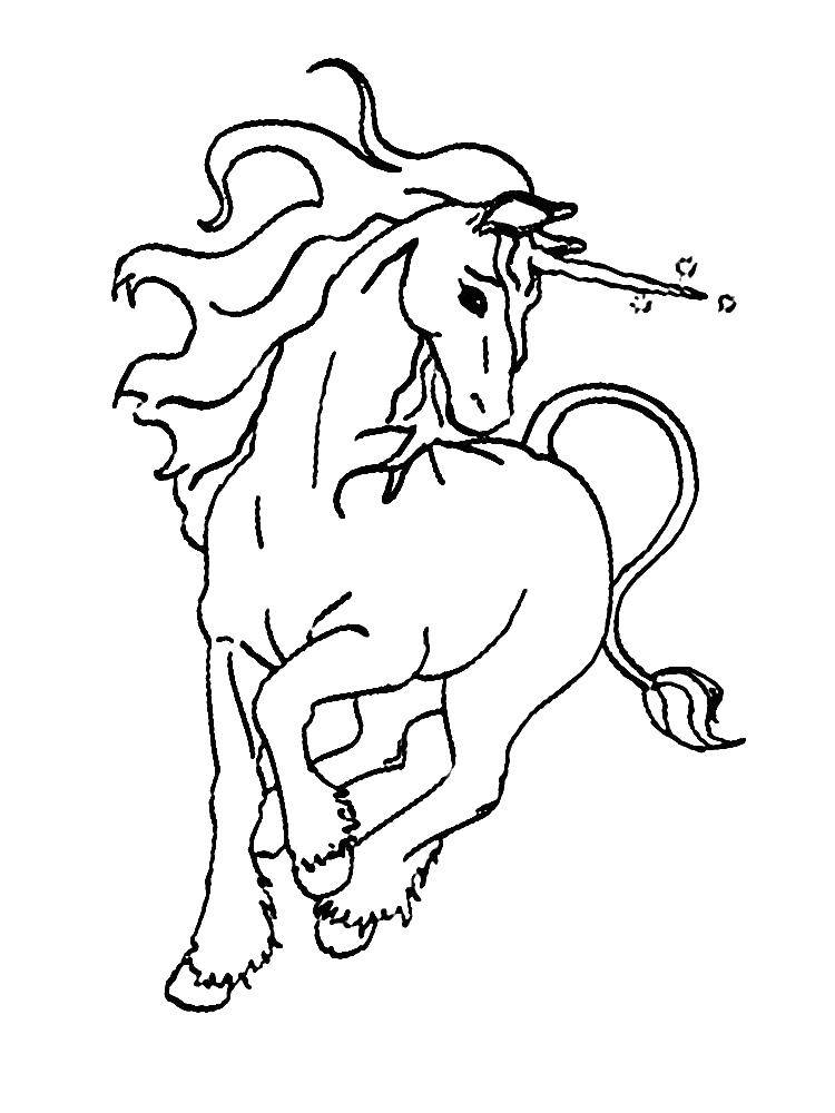 Название: Раскраска Единорог скачет. Категория: Волшебные создания. Теги: единорог, конь.