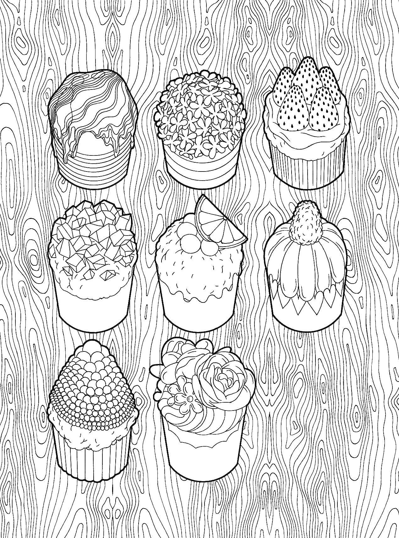 Coloring Muffins with various creams. Category coloring antistress. Tags:  cupcake, anti-stress.