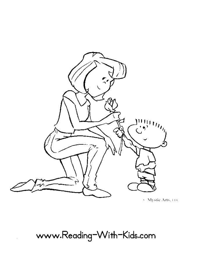 Название: Раскраска Мальчик дарит цветок маме. Категория: раскраски. Теги: мама, мальчик, роза.