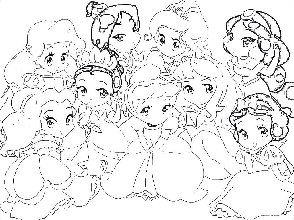 Название: Раскраска Маленькие принцессы диснея. Категория: Принцессы. Теги: Белоснежка, Жасмин, Золушка, Ариэль.
