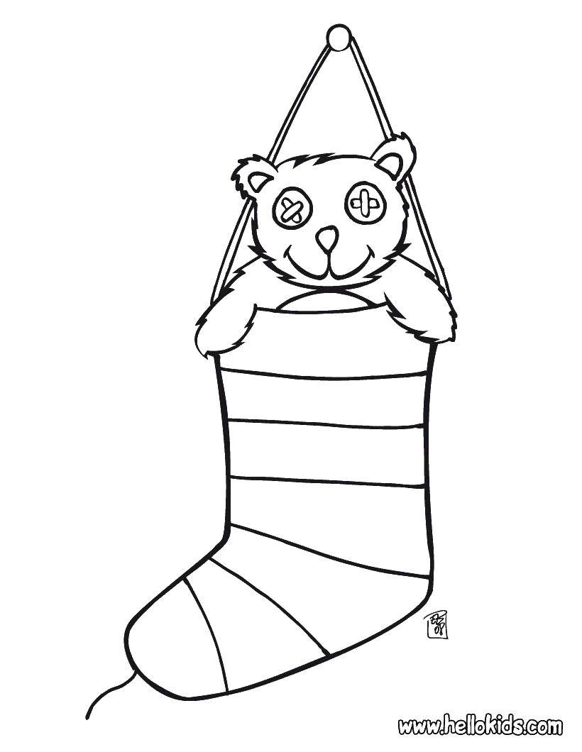 Название: Раскраска Мишка в носке. Категория: рождество. Теги: мишка, носок, пуговицы.