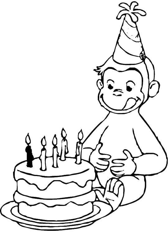 Название: Раскраска Обезьянка и торт со свечами. Категория: раскраски. Теги: обезьянка, торт, свечи.