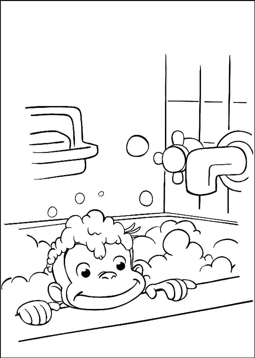 Название: Раскраска Обезьянка в ванной. Категория: раскраски. Теги: обезьянка, пена, кран, ванна.